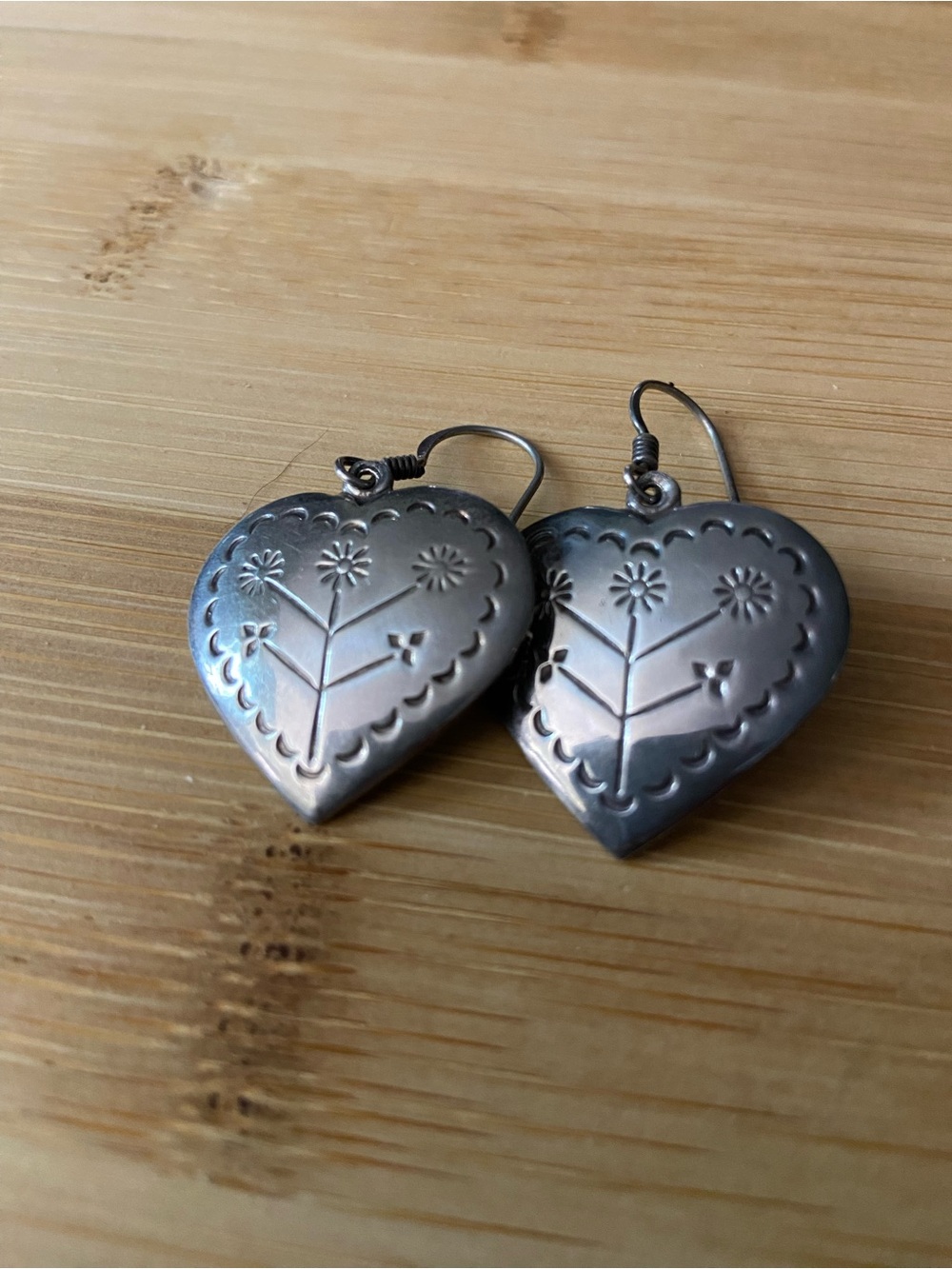 Heart-Shaped Floral Dangle Earrings - Silver 925 marked.